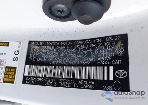 2022 Toyota Corolla Le z USA, uszkodzony, nr VIN JTDEPMAE7N3017869